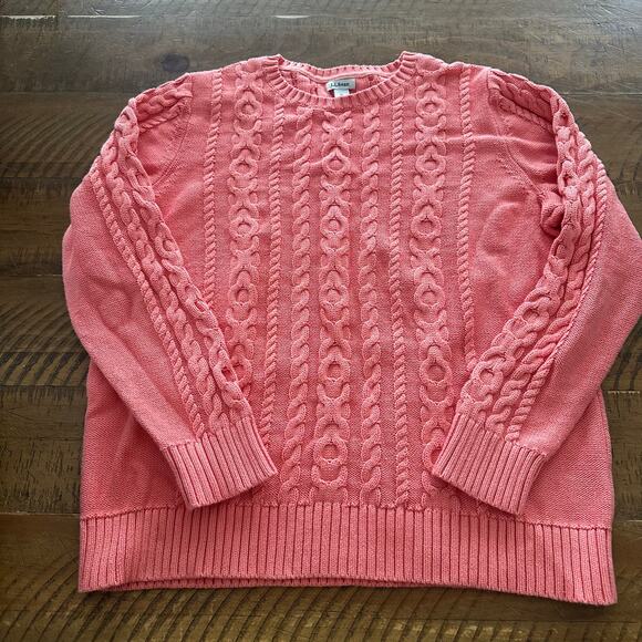 LL Bean Double Cable Knit Crew Neck Sweater Peach Pink Chunky Fisherman Style XL - Picture 7 of 9